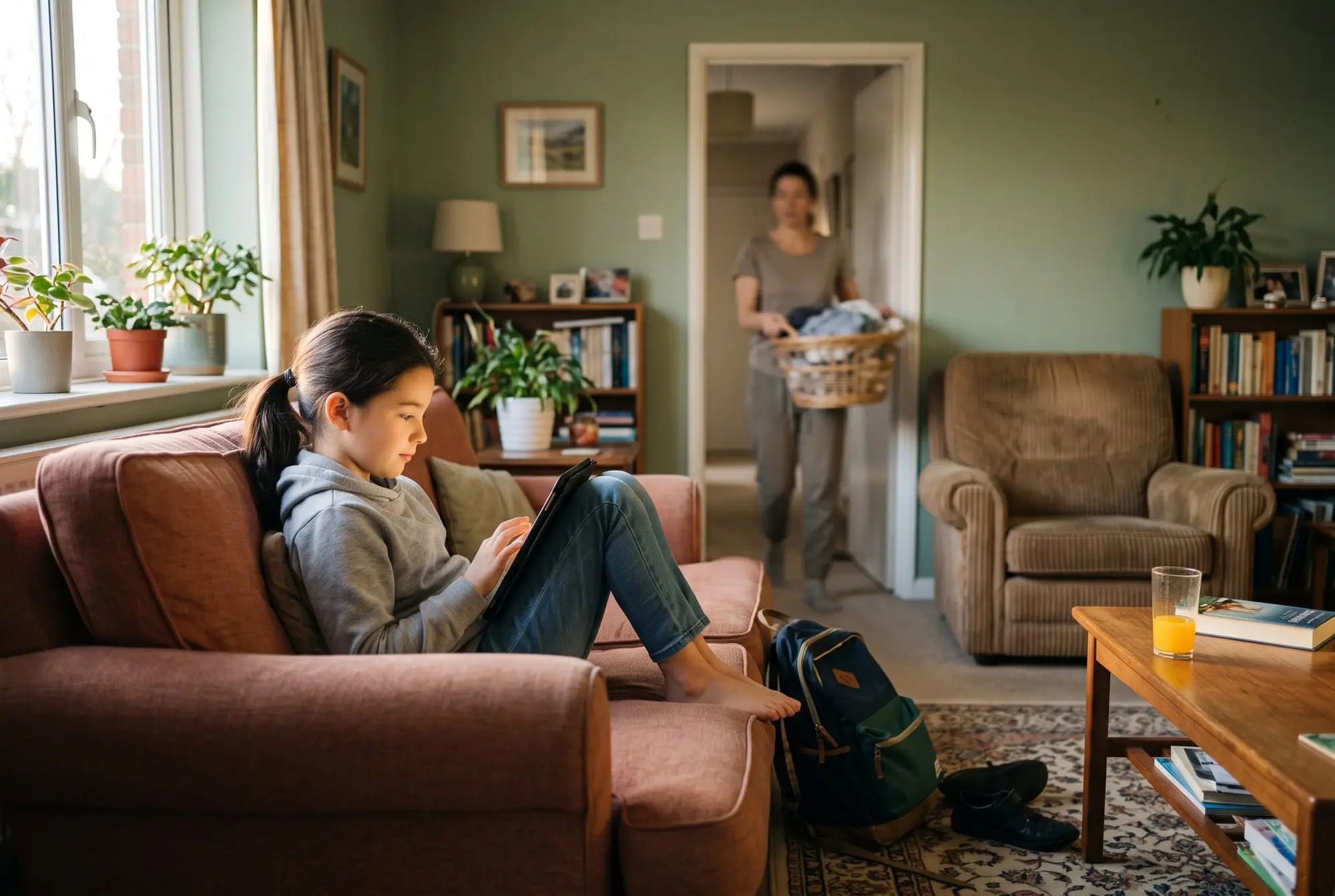A girl curled into the corner of a sofa after school with a tablet, backpack and one shoe dropped on the rug beside her. Behind her, out of focus in the doorway, a parent carries a laundry basket past without looking over.
